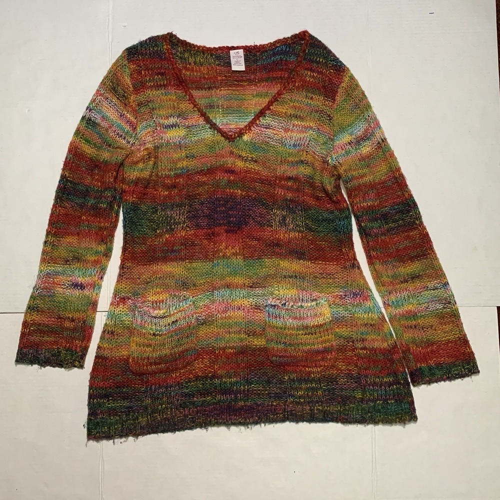 VTG Bobbie Brooks Y2K Rainbow Tunic Sweater Sz L Pockets Acrylic Boho Hippie